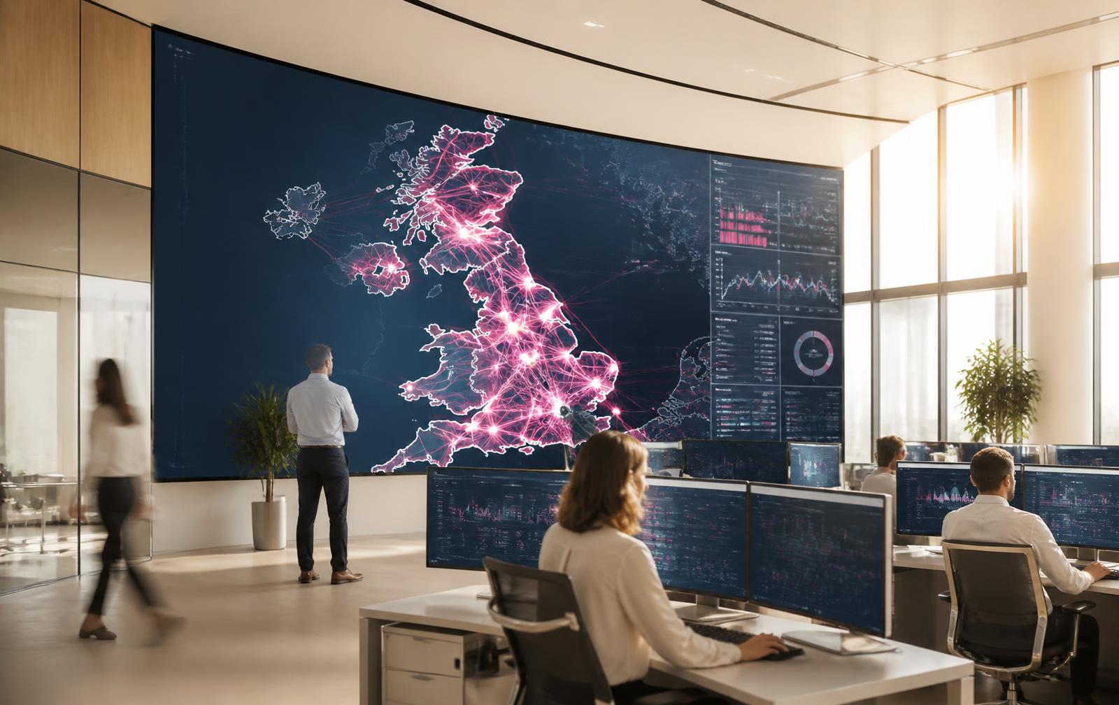 A modern network operations centre with a large UK coverage map showing connected 4G network nodes