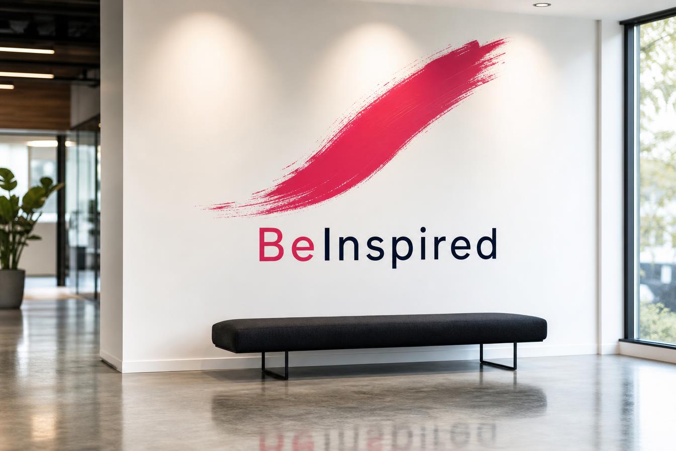 The BeInspired wordmark on a clean white office wall, with Be in raspberry and Inspired in navy
